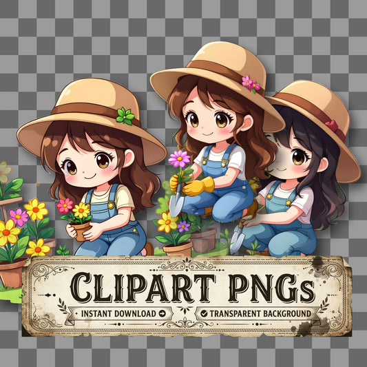 Chibi Gardener Planting Flowers Clipart Pngs