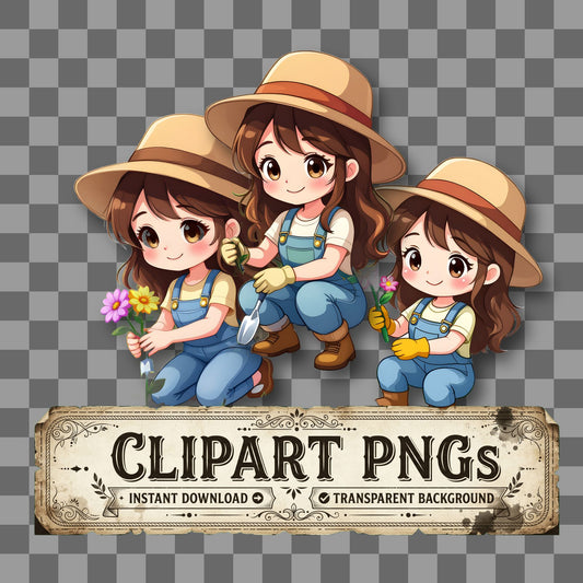 Chibi Gardener Planting Flowers Clipart Pngs