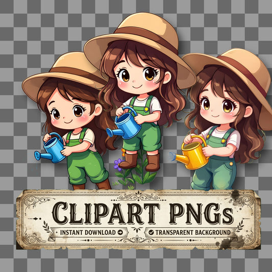Chibi Gardener Watering Flowers Clipart Pngs