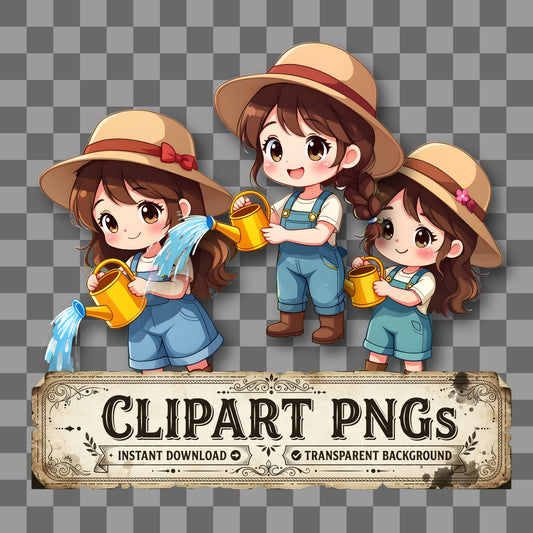 Chibi Gardener Watering Flowers Clipart Pngs