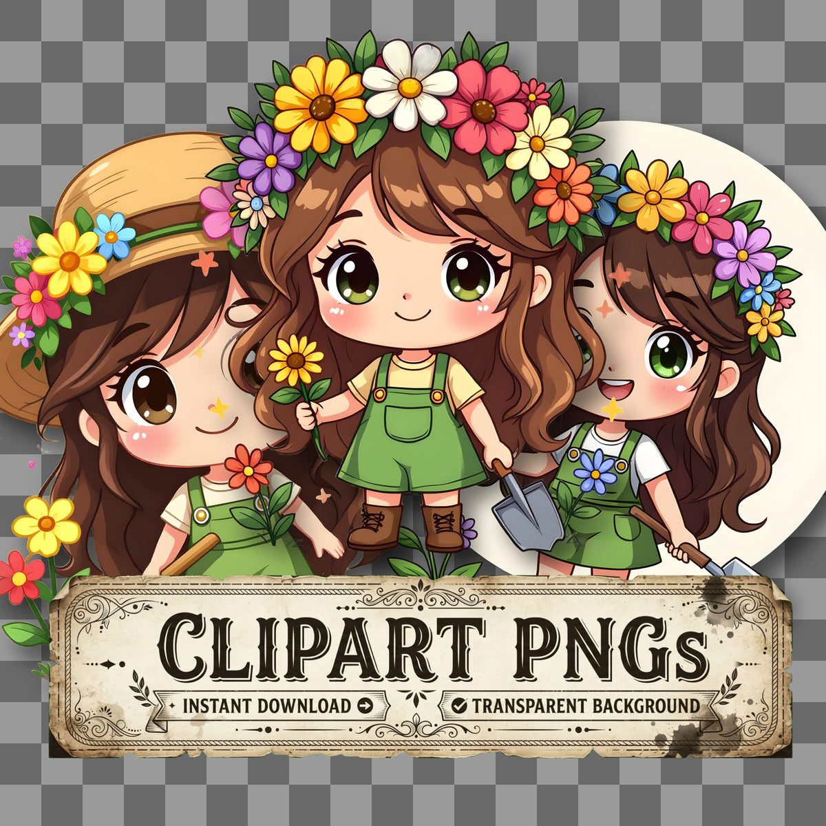 Chibi Gardener Flower floral clipart with transparent background, digital download cover