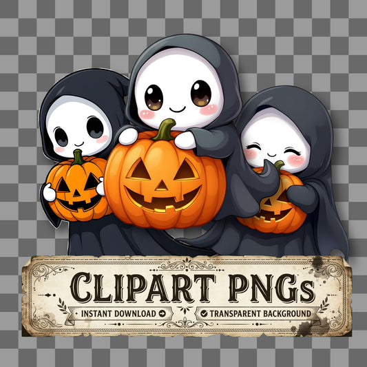 Chibi Ghost Hugging Pumpkin Clipart Pngs