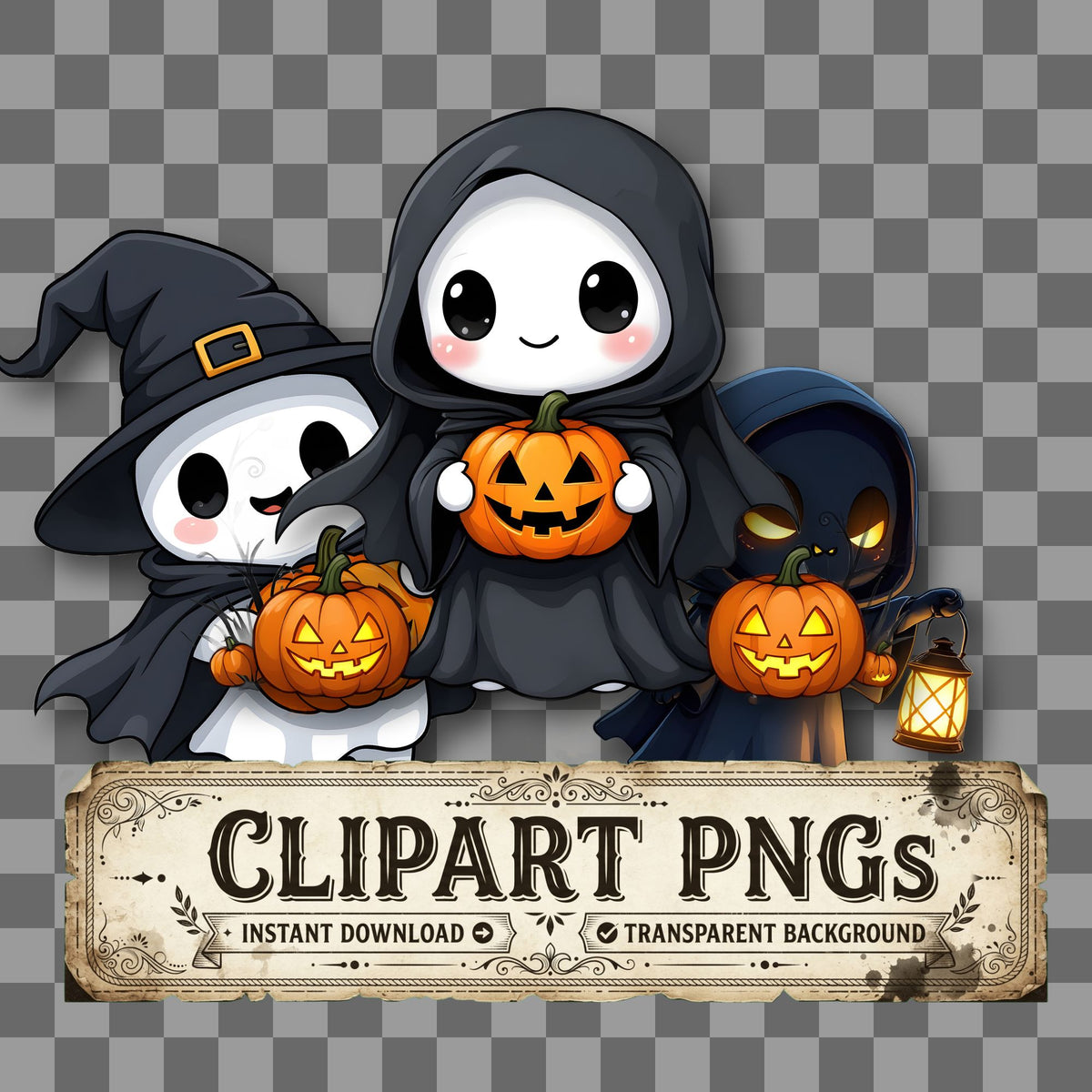 Chibi Ghost Halloween kawaii clipart with transparent background, digital download cover