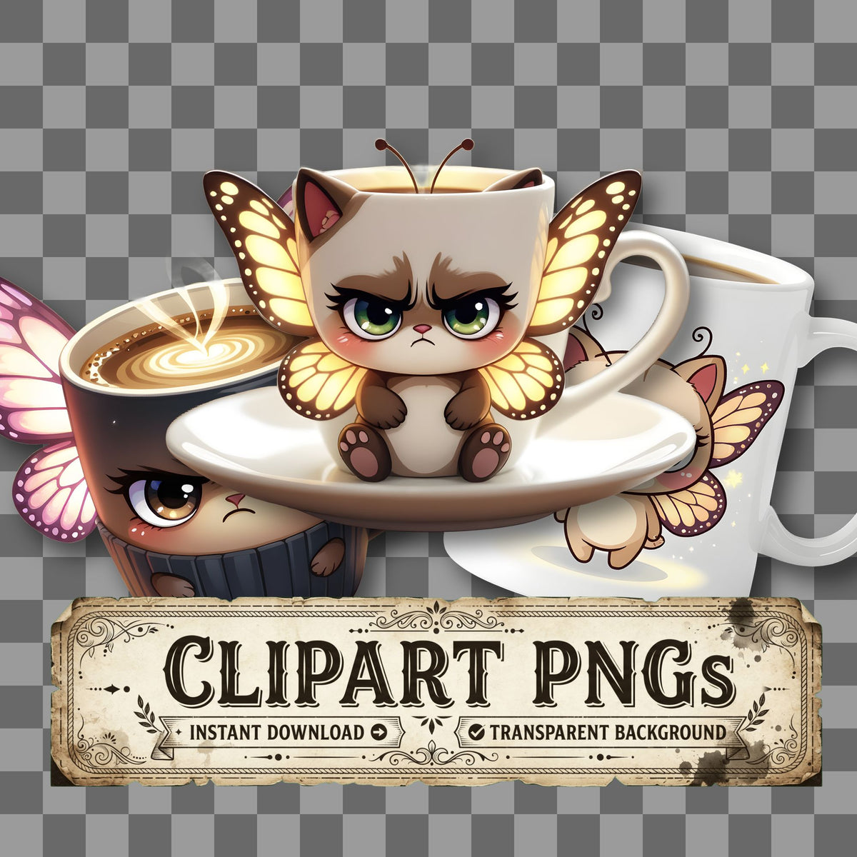 Chibi Grumpy Coffee Mug kawaii clipart with transparent background, digital download cover