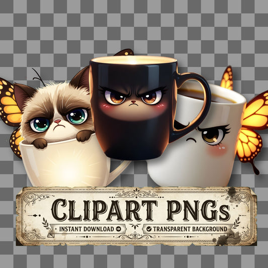 Chibi Grumpy Coffee Mug Clipart Pngs