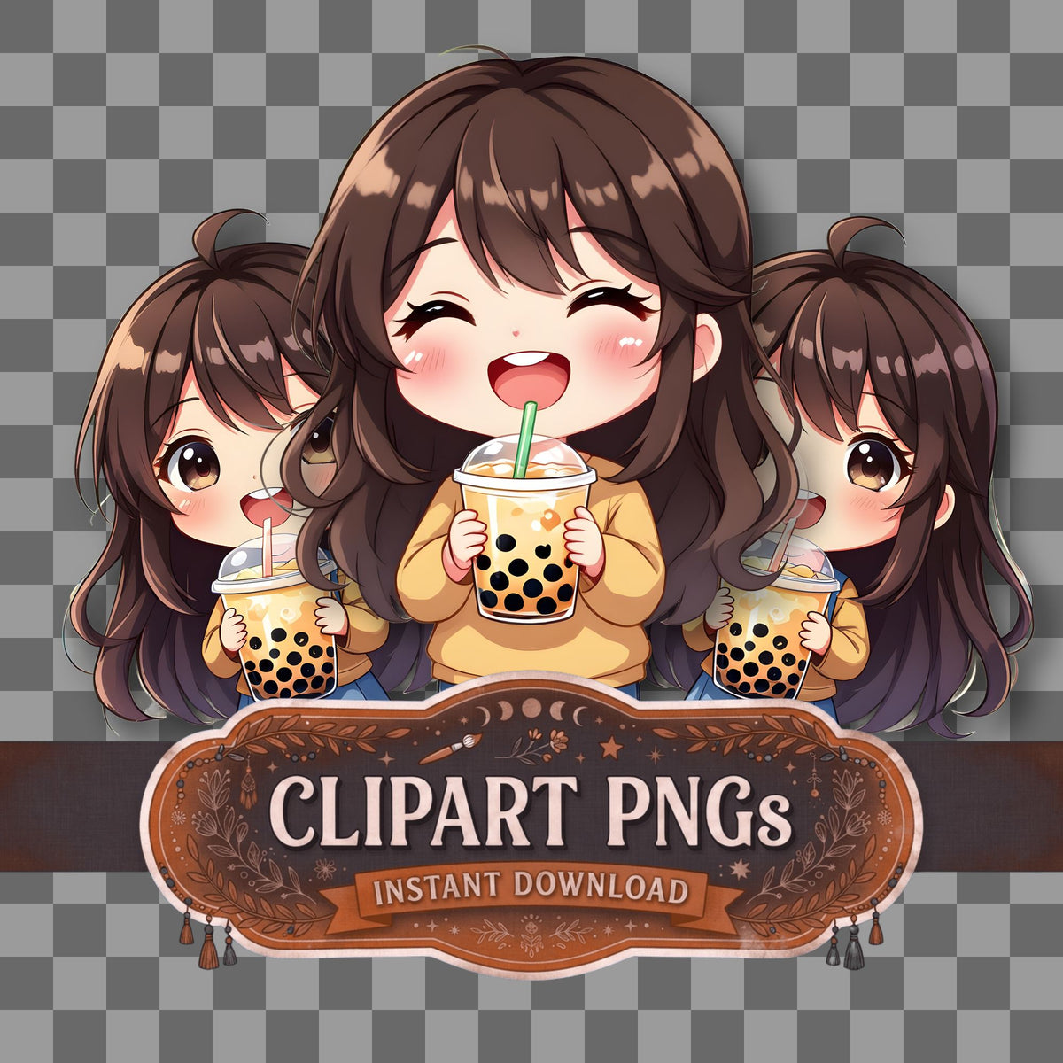Chibi Holding Bubble Tea kawaii clipart with transparent background, digital download cover