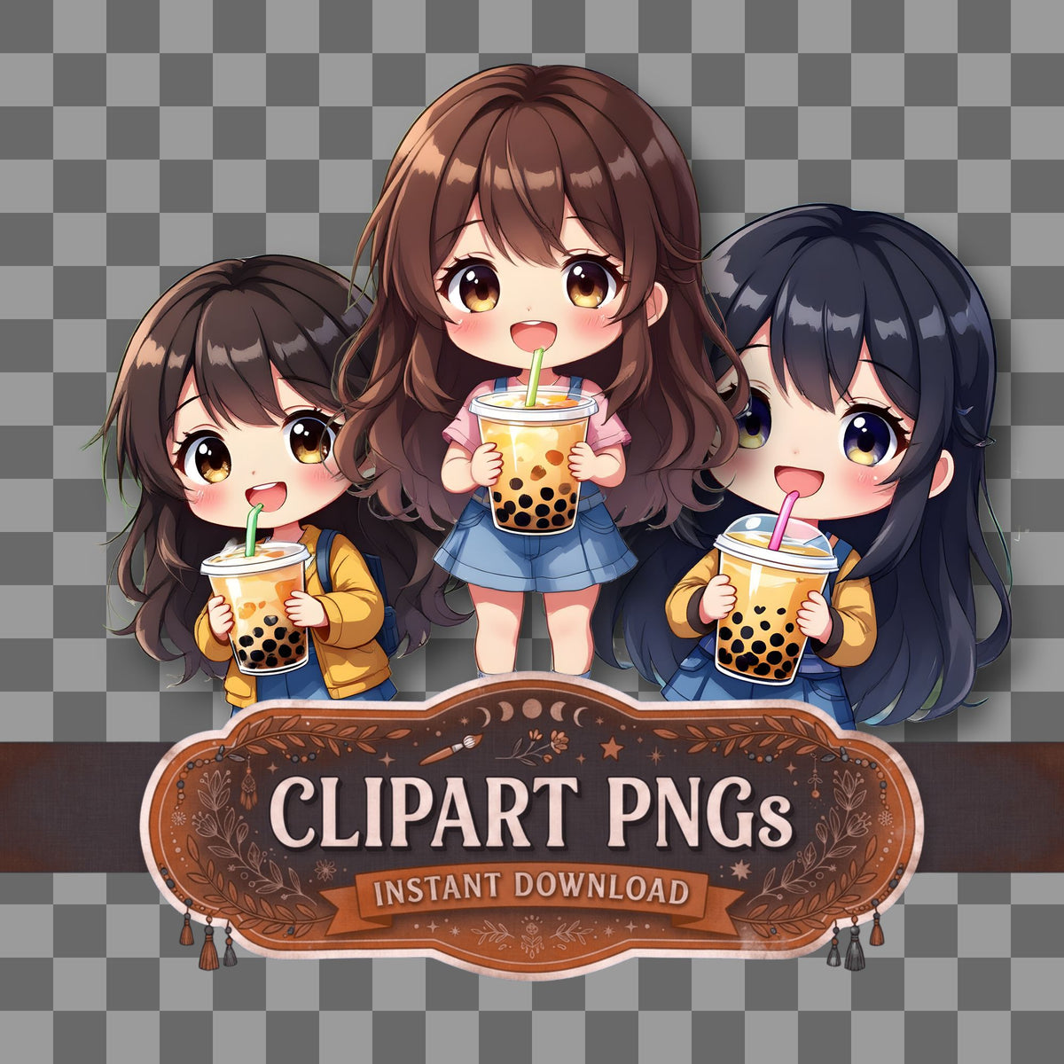 Chibi Holding Bubble Tea kawaii clipart with transparent background, digital download cover