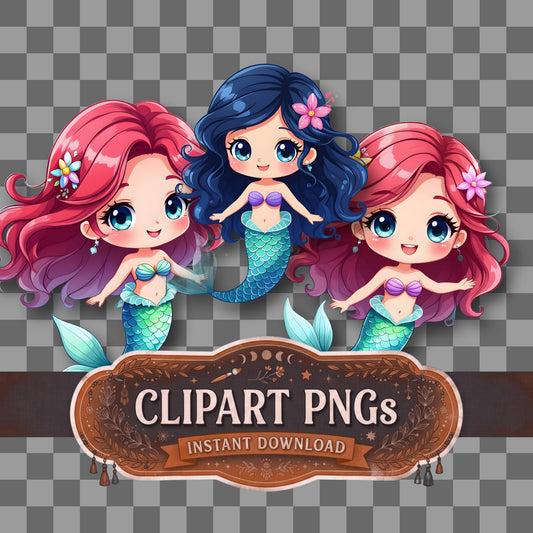 Chibi Mermaid Swimming Clipart Pngs