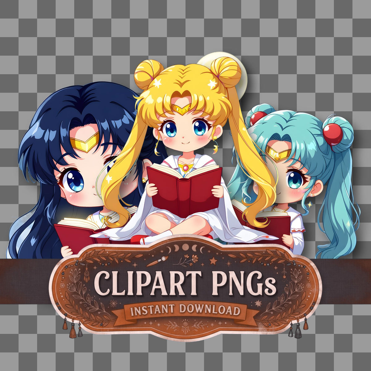 Chibi Moon Reading Clipart Pngs