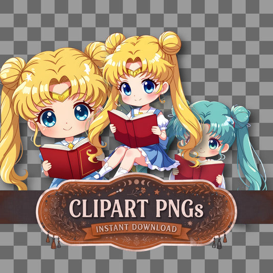 Chibi Moon Reading Clipart Pngs