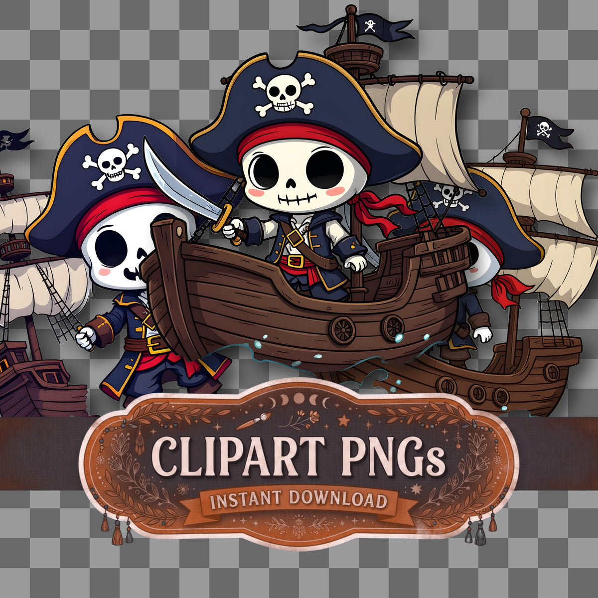Chibi Pirate Ghost Haunting Halloween kawaii clipart with transparent background, digital download cover