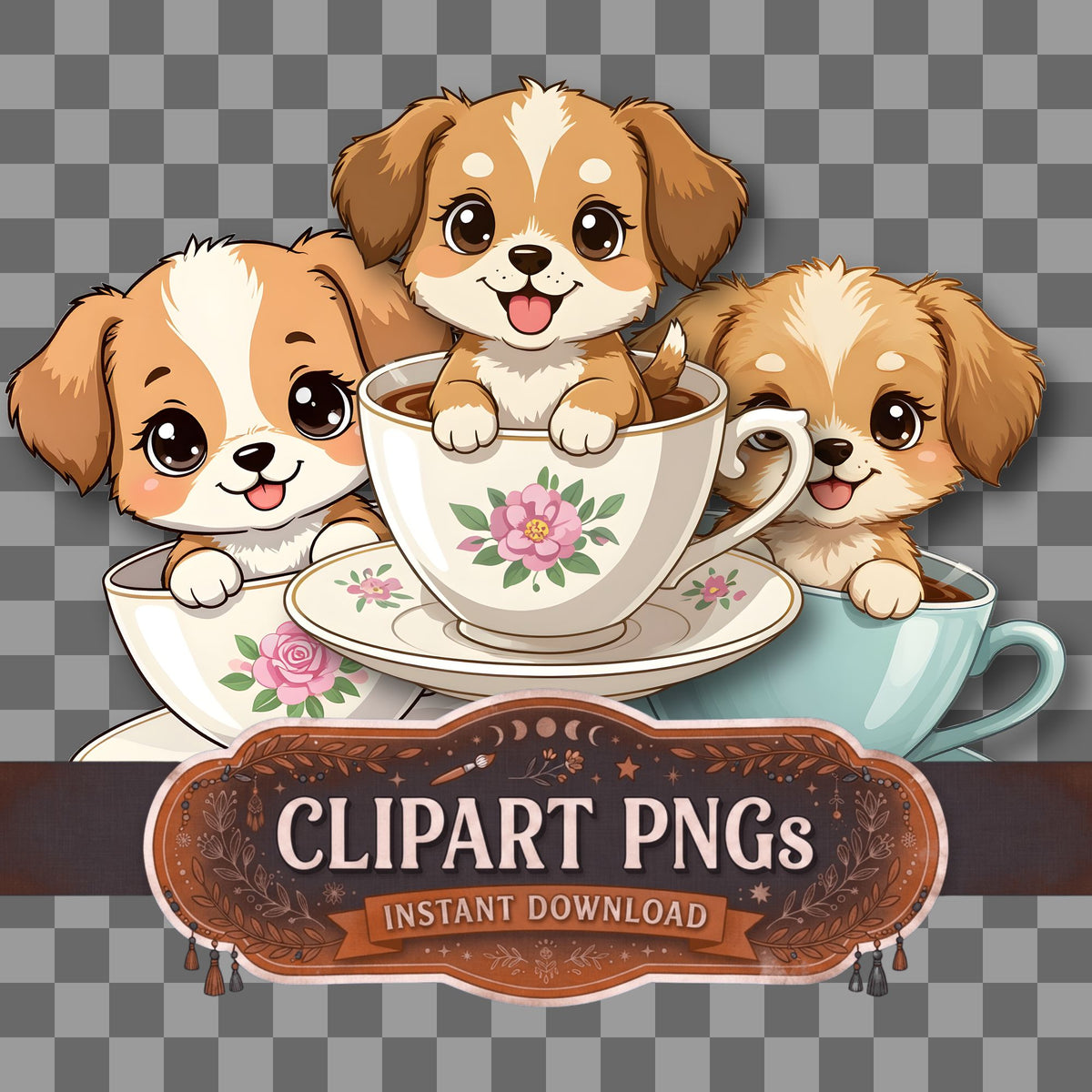 Chibi Puppy Teacup kawaii clipart with transparent background, digital download cover