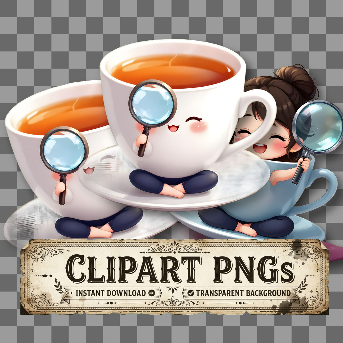 Chibi Singing Teacup kawaii clipart with transparent background, digital download cover