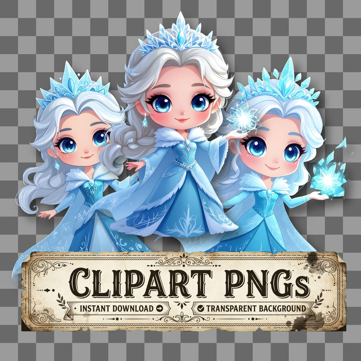 Chibi Snow Queen Winter kawaii clipart with transparent background, digital download cover