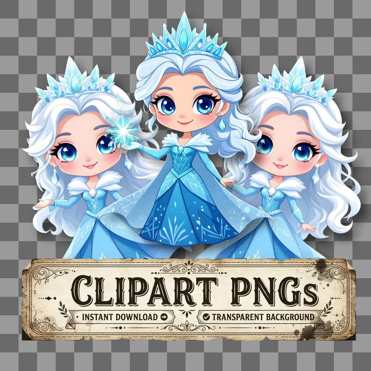 Chibi Snow Queen Winter kawaii clipart with transparent background, digital download cover