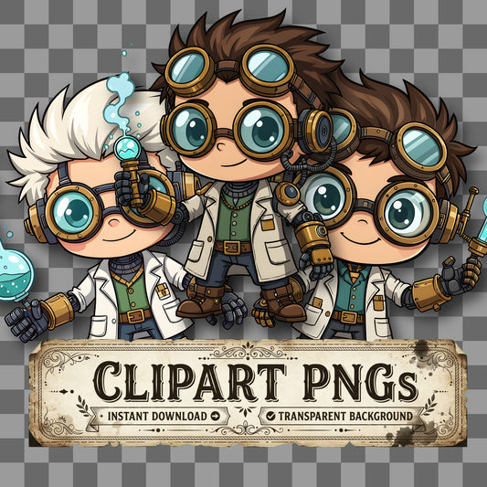 Chibi Steampunk Crazy Scientist Clipart Pngs