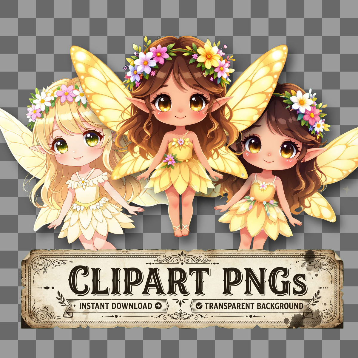 Chibi Summer Fairy kawaii clipart with transparent background, digital download cover