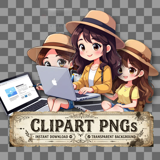 Chibi Travel Blogger Writing Clipart Pngs
