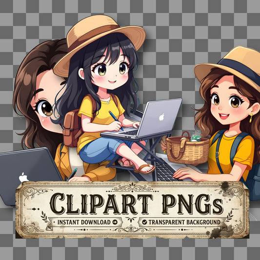 Chibi Travel Blogger Writing Clipart Pngs
