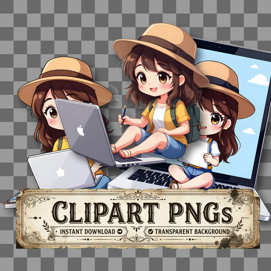 Chibi Travel Blogger Writing Clipart Pngs