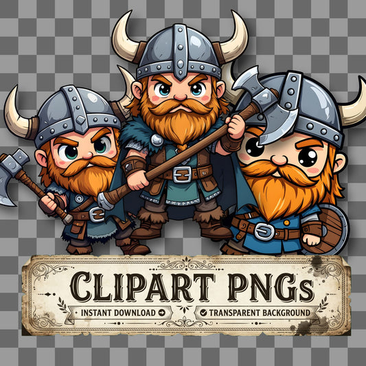 Chibi Viking kawaii clipart with transparent background, digital download cover