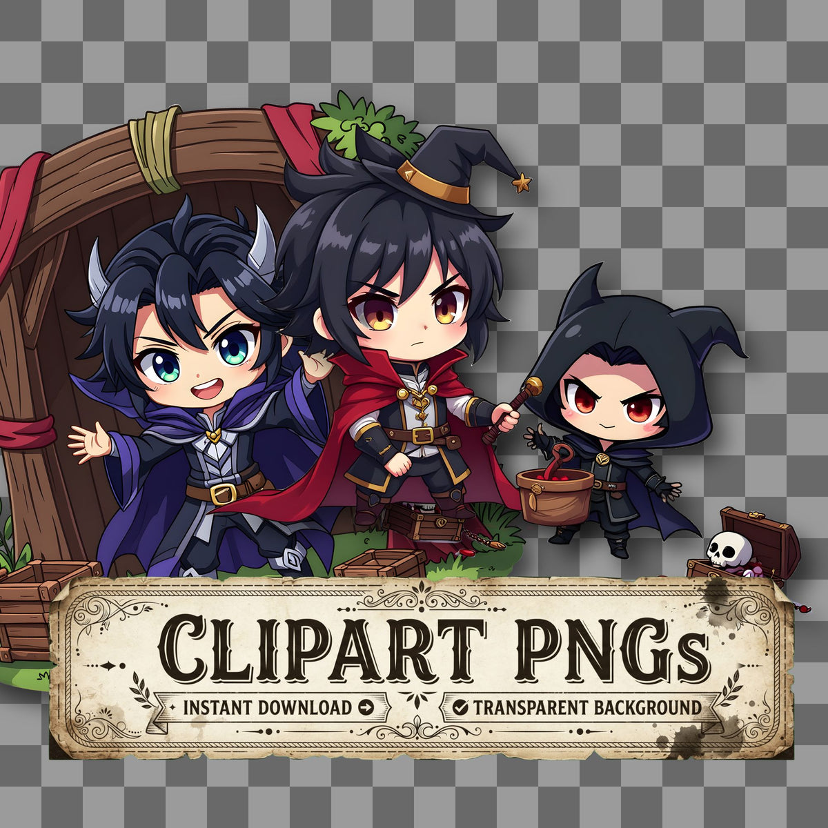 Chibi Villain Setting Up kawaii clipart with transparent background, digital download cover