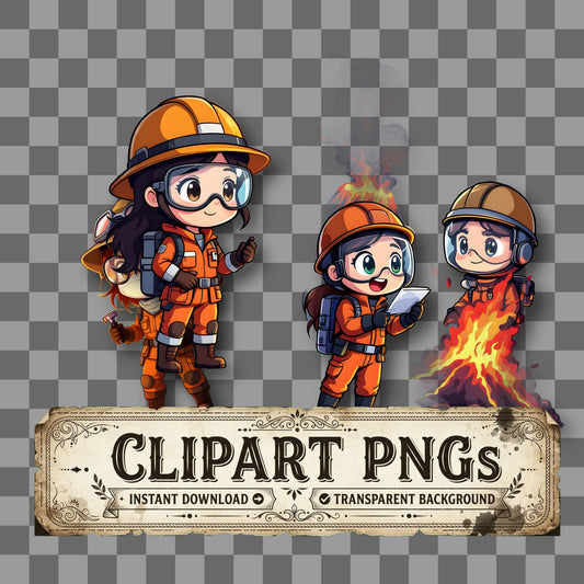 Chibi Volcanologist Observing Eruption kawaii clipart with transparent background, digital download cover