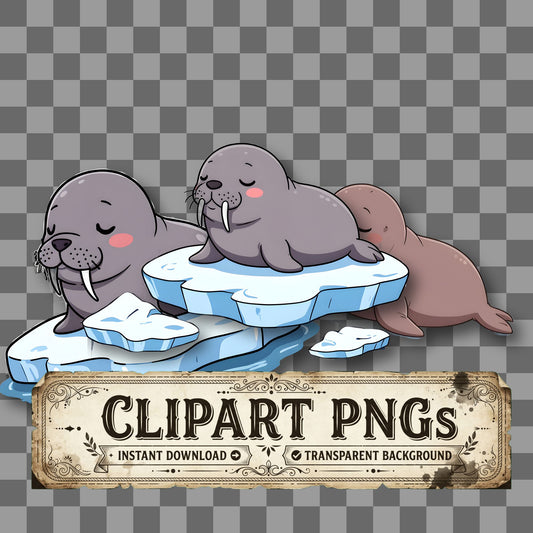 Chibi Walrus Resting kawaii clipart with transparent background, digital download cover