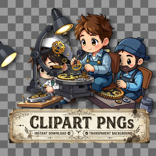 Chibi Watchmaker Repairing Tiny kawaii clipart with transparent background, digital download cover