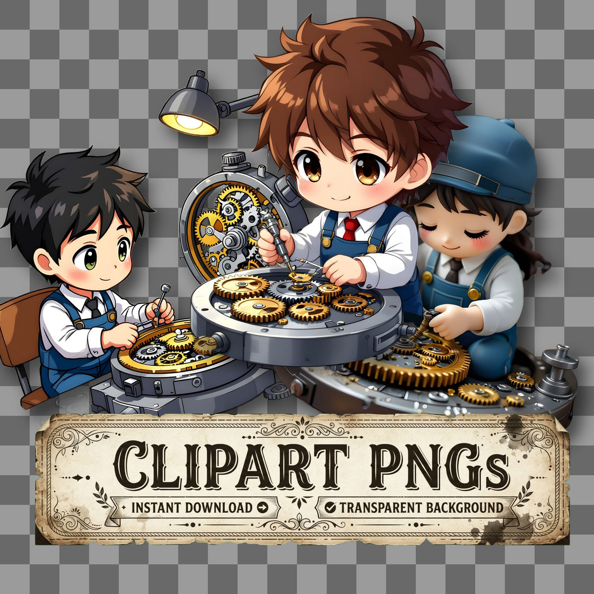 Chibi Watchmaker Repairing Tiny kawaii clipart with transparent background, digital download cover