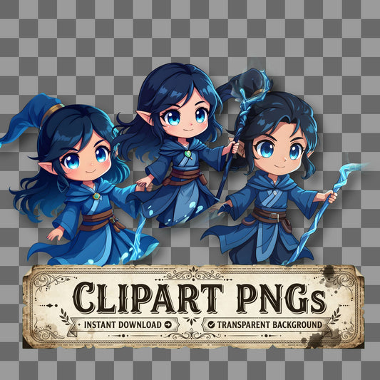 Chibi Water Mage kawaii clipart with transparent background, digital download cover