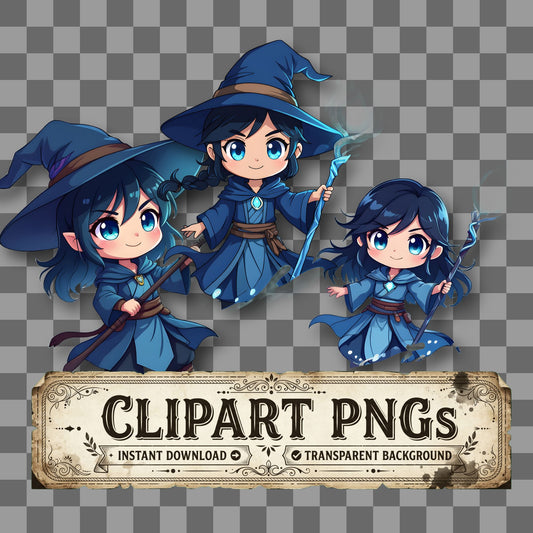 Chibi Water Mage kawaii clipart with transparent background, digital download cover