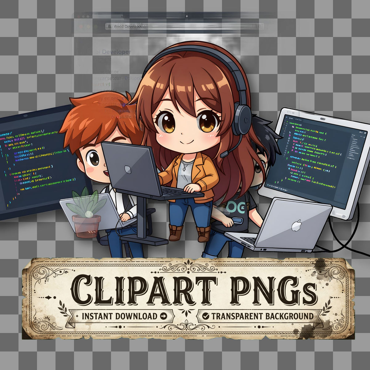 Chibi Web Developer kawaii clipart with transparent background, digital download cover