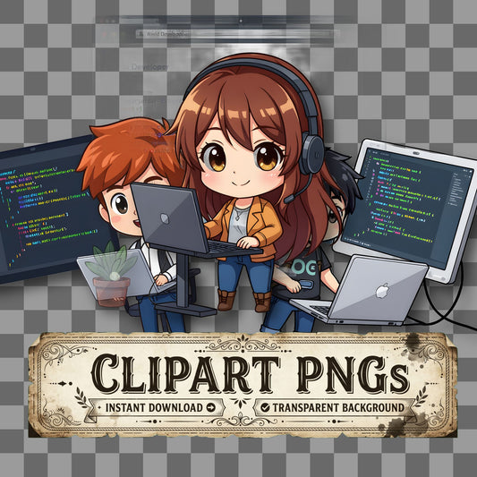 Chibi Web Developer kawaii clipart with transparent background, digital download cover