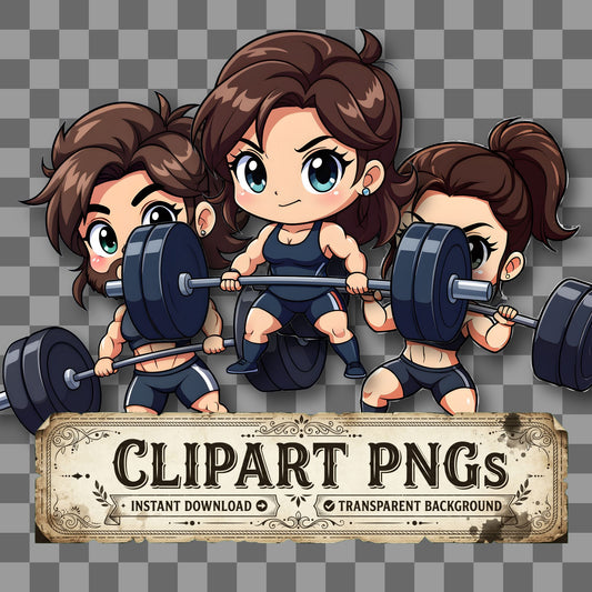 Chibi Weightlifter Lifting Heavy kawaii clipart with transparent background, digital download cover