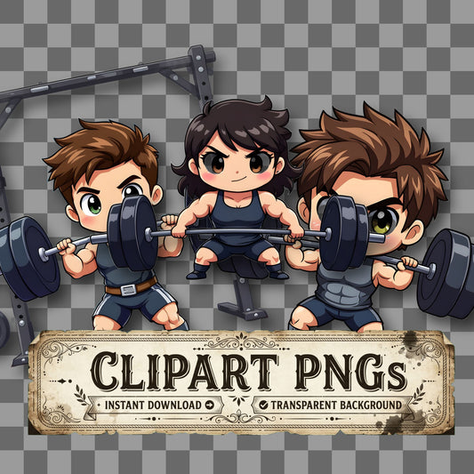 Chibi Weightlifter Lifting Heavy kawaii clipart with transparent background, digital download cover