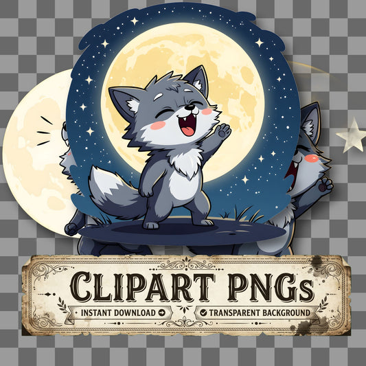 Chibi Werewolf Howling Dramatically kawaii clipart with transparent background, digital download cover