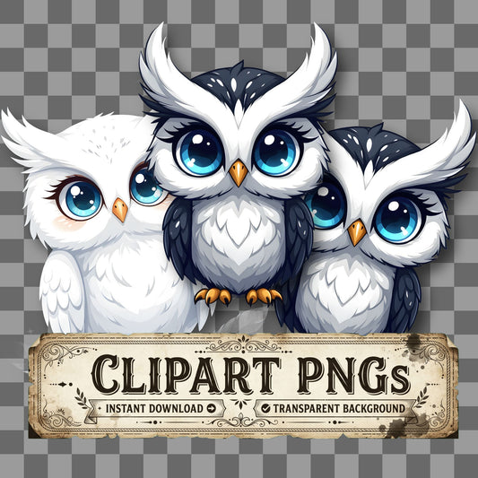 Chibi White Owl kawaii clipart with transparent background, digital download cover