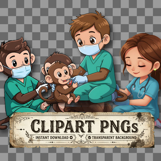 Chibi Wildlife Veterinarian Treating kawaii clipart with transparent background, digital download cover
