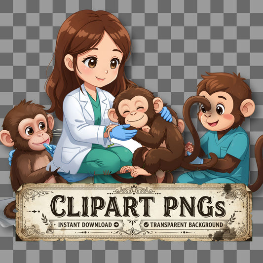 Chibi Wildlife Veterinarian Treating kawaii clipart with transparent background, digital download cover