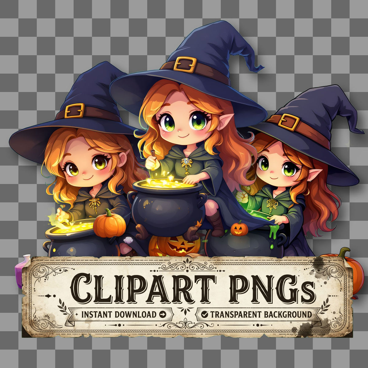 Chibi Witch Brewing Halloween kawaii clipart with transparent background, digital download cover