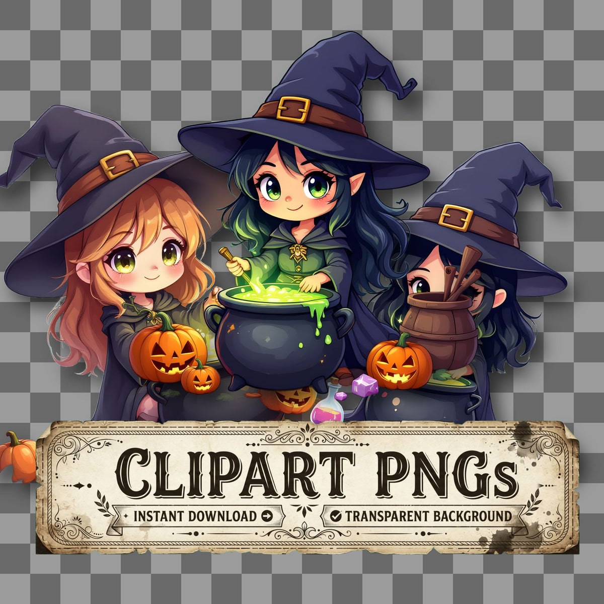 Chibi Witch Brewing Clipart Pngs