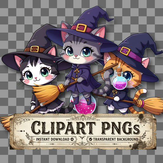 Chibi Witch Cat Clipart Pngs