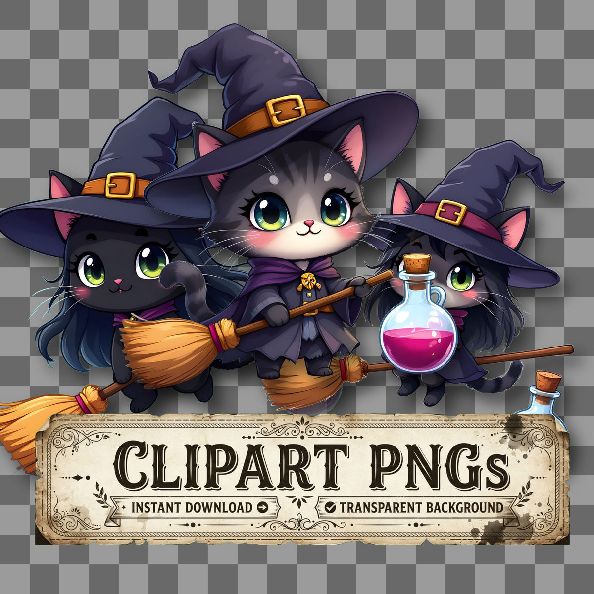 Chibi Witch Cat Clipart Pngs
