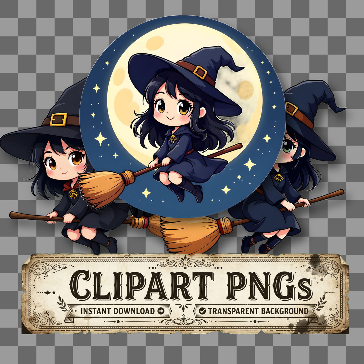 Chibi Witch Flying Clipart Pngs