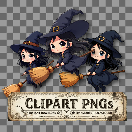 Chibi Witch Flying Clipart Pngs