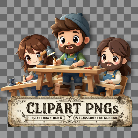 Chibi Woodworker Crafting Furniture kawaii clipart with transparent background, digital download cover
