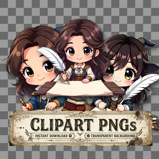 Chibi Writer kawaii clipart with transparent background, digital download cover