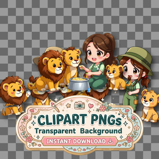 Chibi Zookeeper Feeding Lions Clipart Pngs