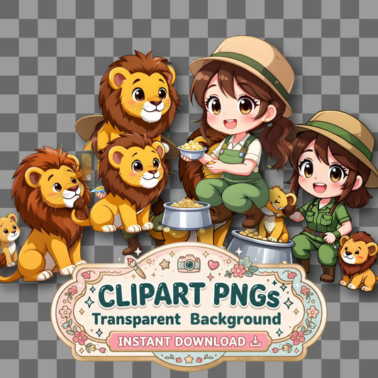 Chibi Zookeeper Feeding Lions Clipart Pngs